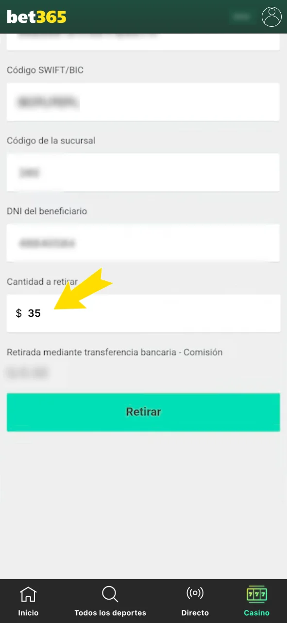 Escribe el monto para extraer de Bet365.
