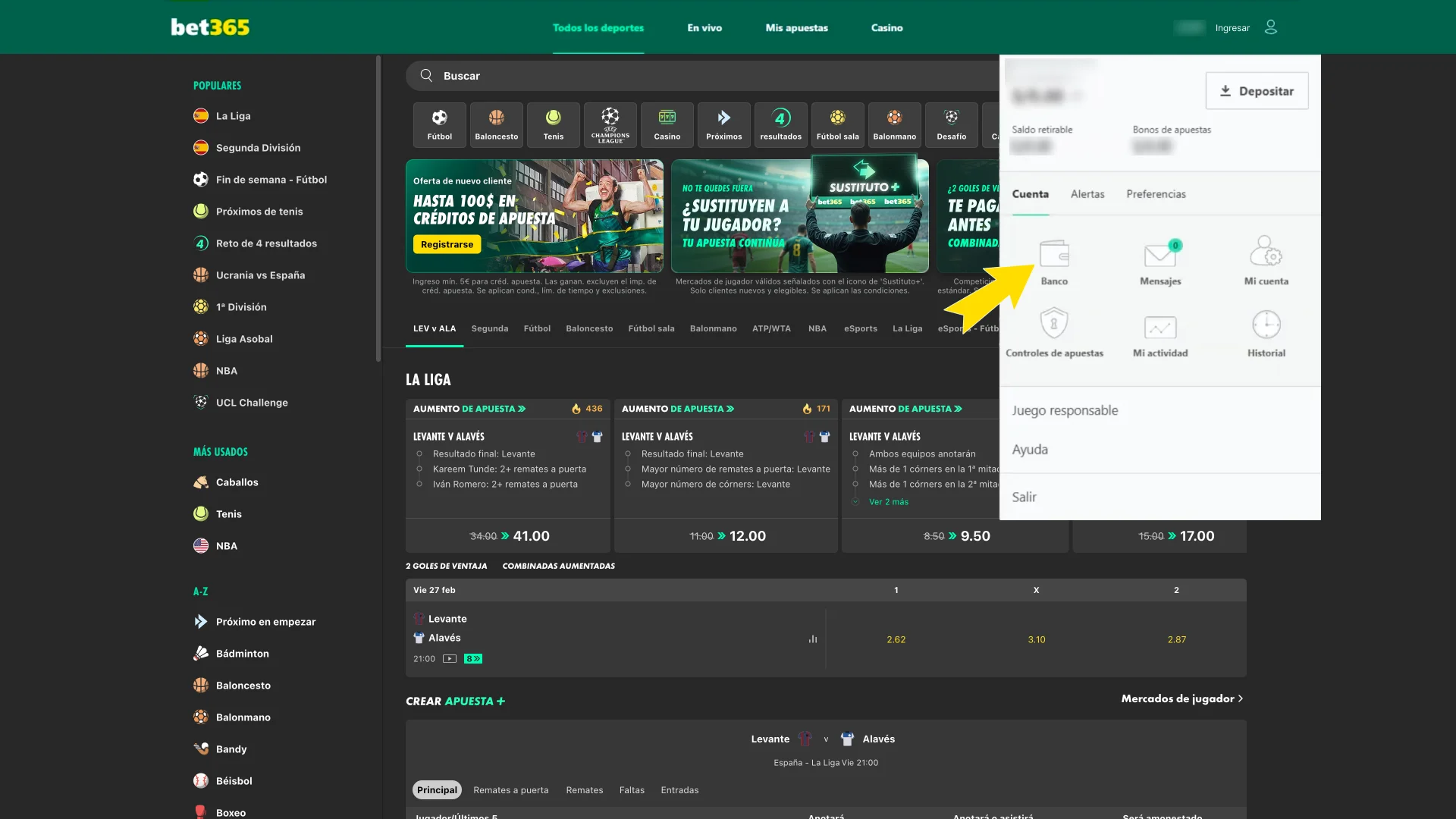 Selecciona la opción de banca dentro de Bet365.