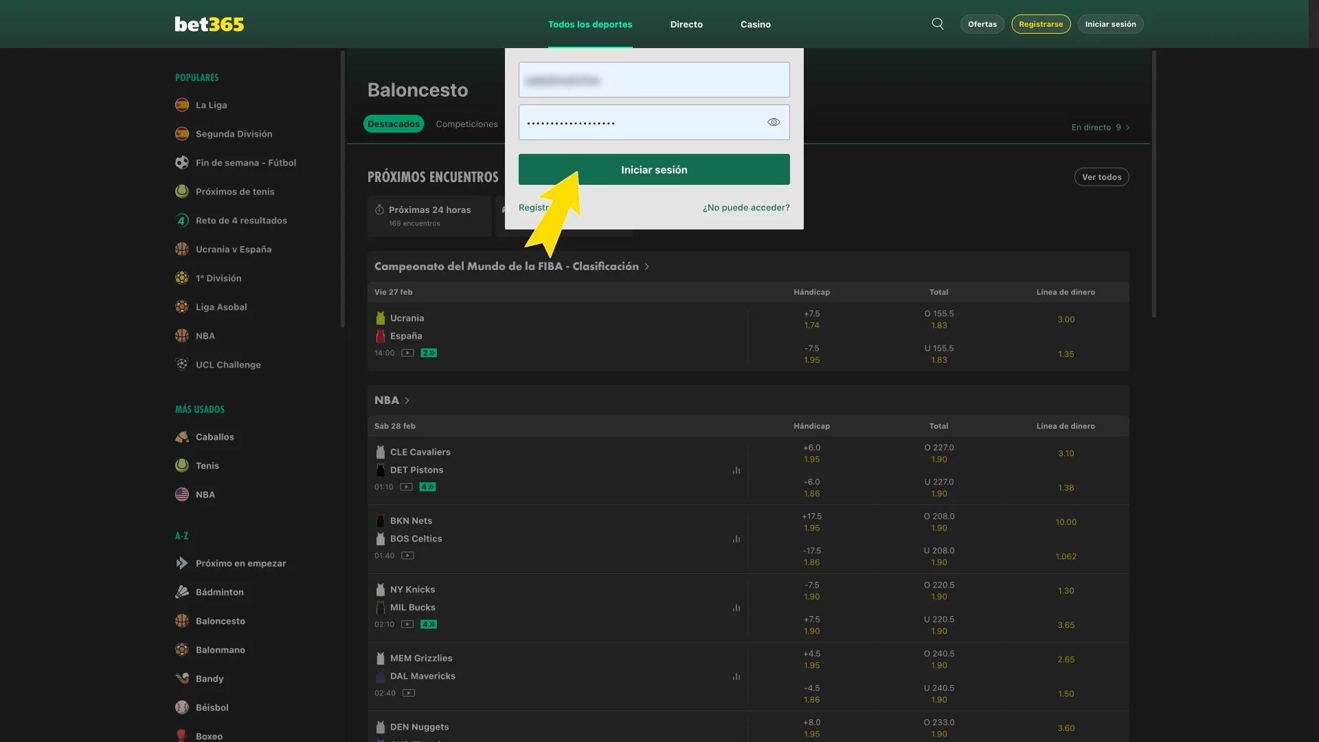 Escribe tus datos de acceso dentro de Bet365.
