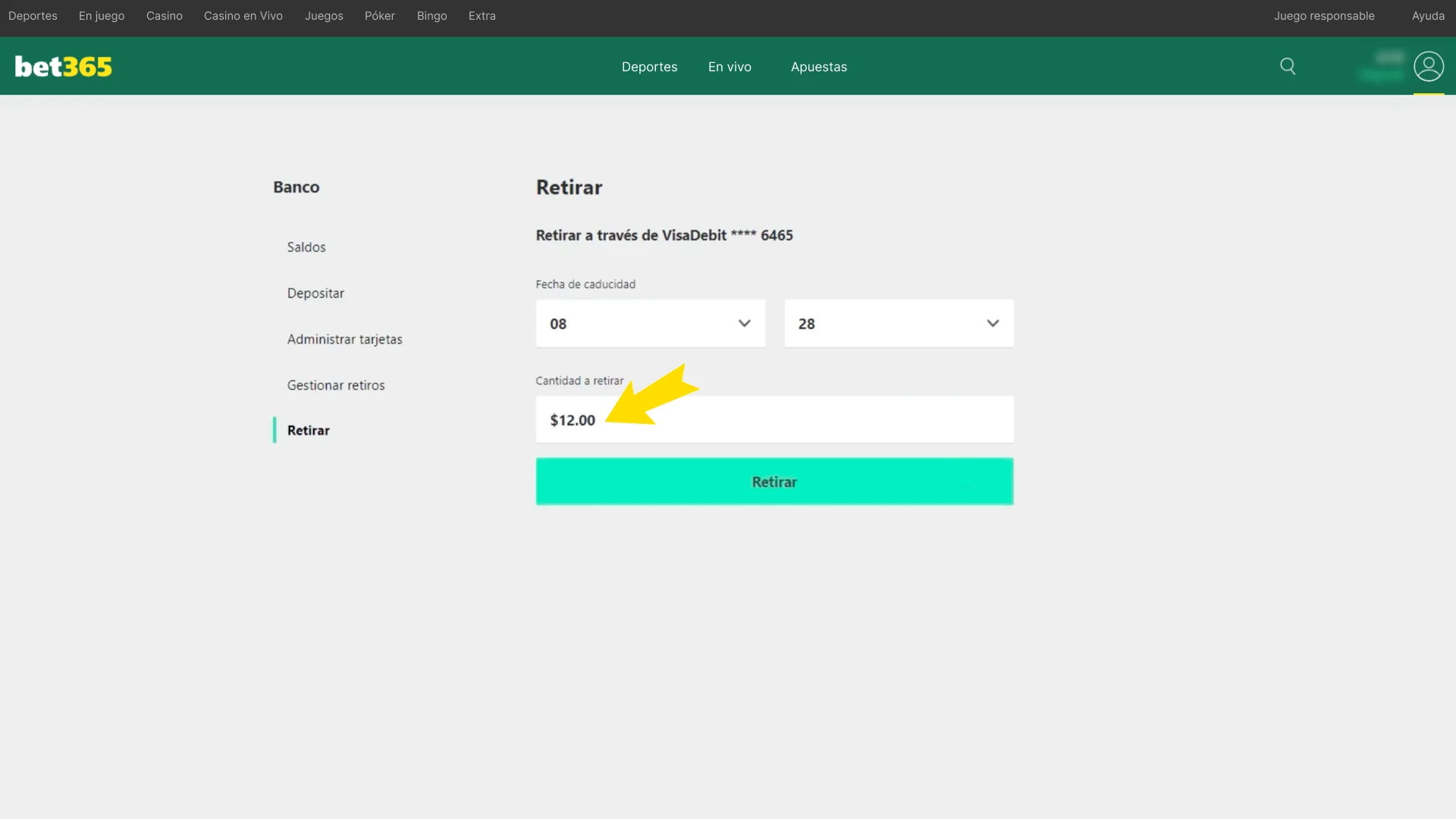 Escribe la cantidad exacta para retirar de Bet365.