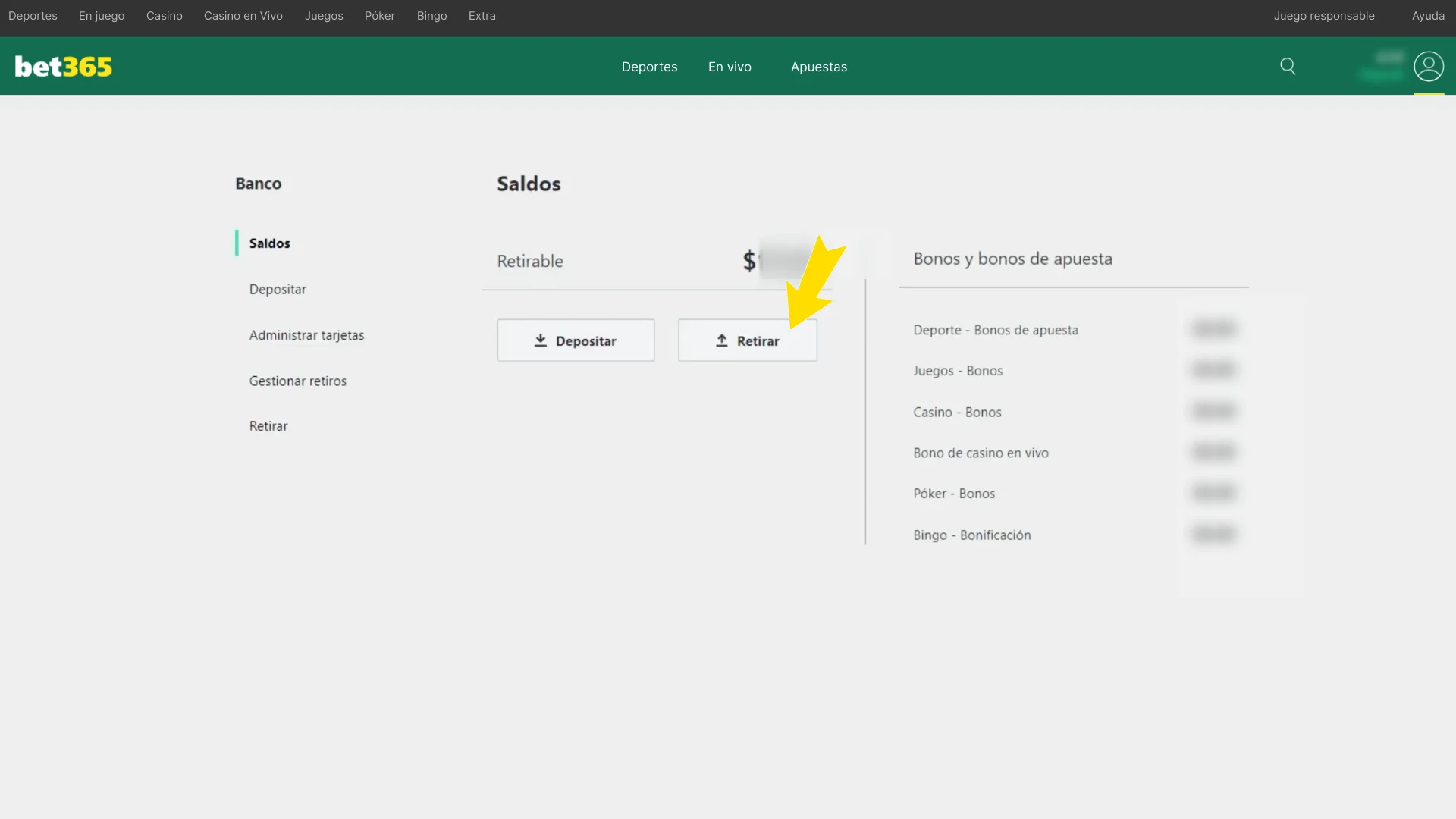 Busca la opción de retirar fondos en Bet365.